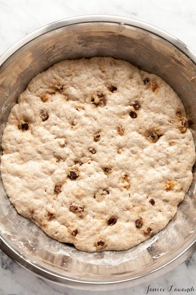 the dough for cinnamon raisin no knead bread the dough for cinnamon raisin no knead bread in a stainless steel bowl