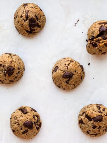 Homemade chocolate chip cookies that are too thick.