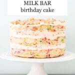 Milk Bar-style "naked" sprinkle birthday cake on a cake stand
