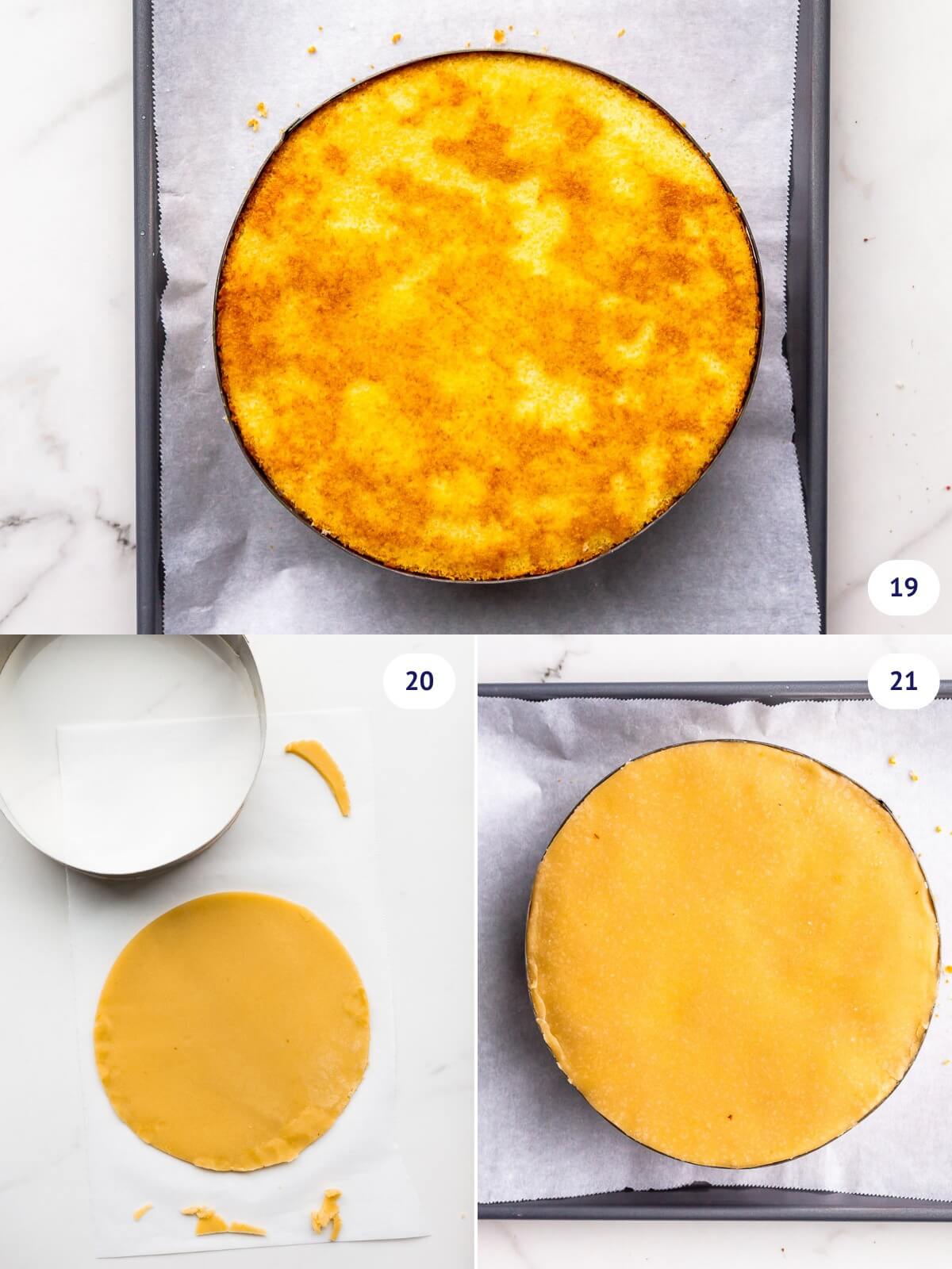 Topping a cake assembled in a pastry ring with a round of marzipan to make a fraisier cake.