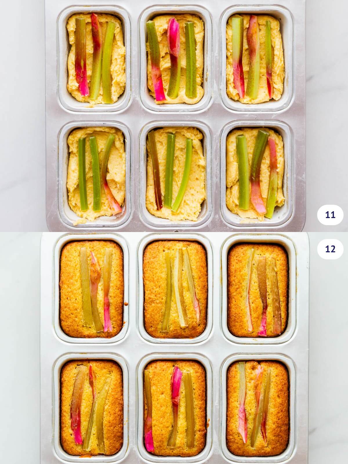 Orange rhubarb cakes before and after baking in mini loaf pans.