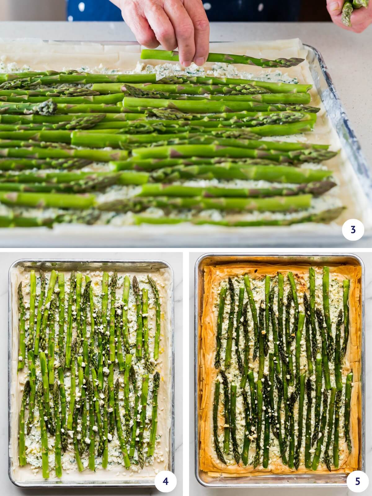 Topping phyllo tart with asparagus spears before baking until golden brown.