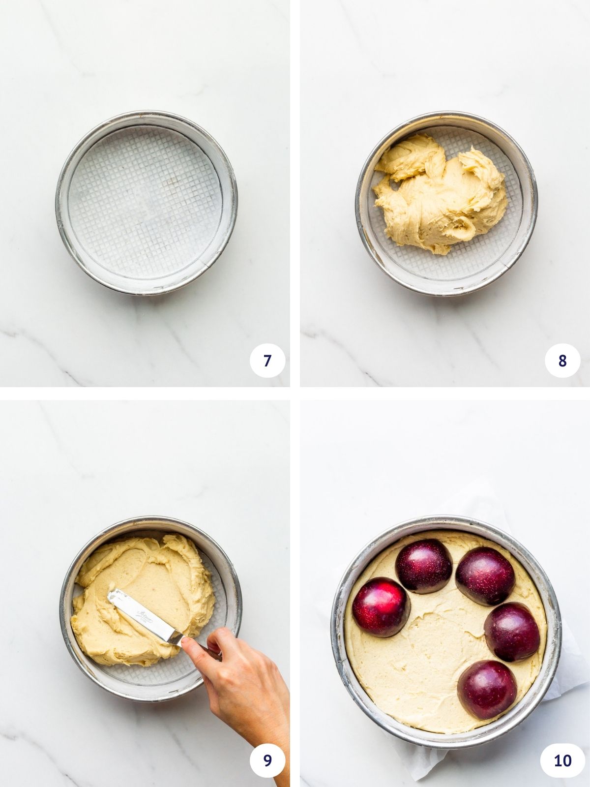 Collage to show how to assemble a plum cake in a springform, spreading the batter in the prepared cake pan from edge to edge with a mini offset spatula, then arranging fresh plum halves on top.