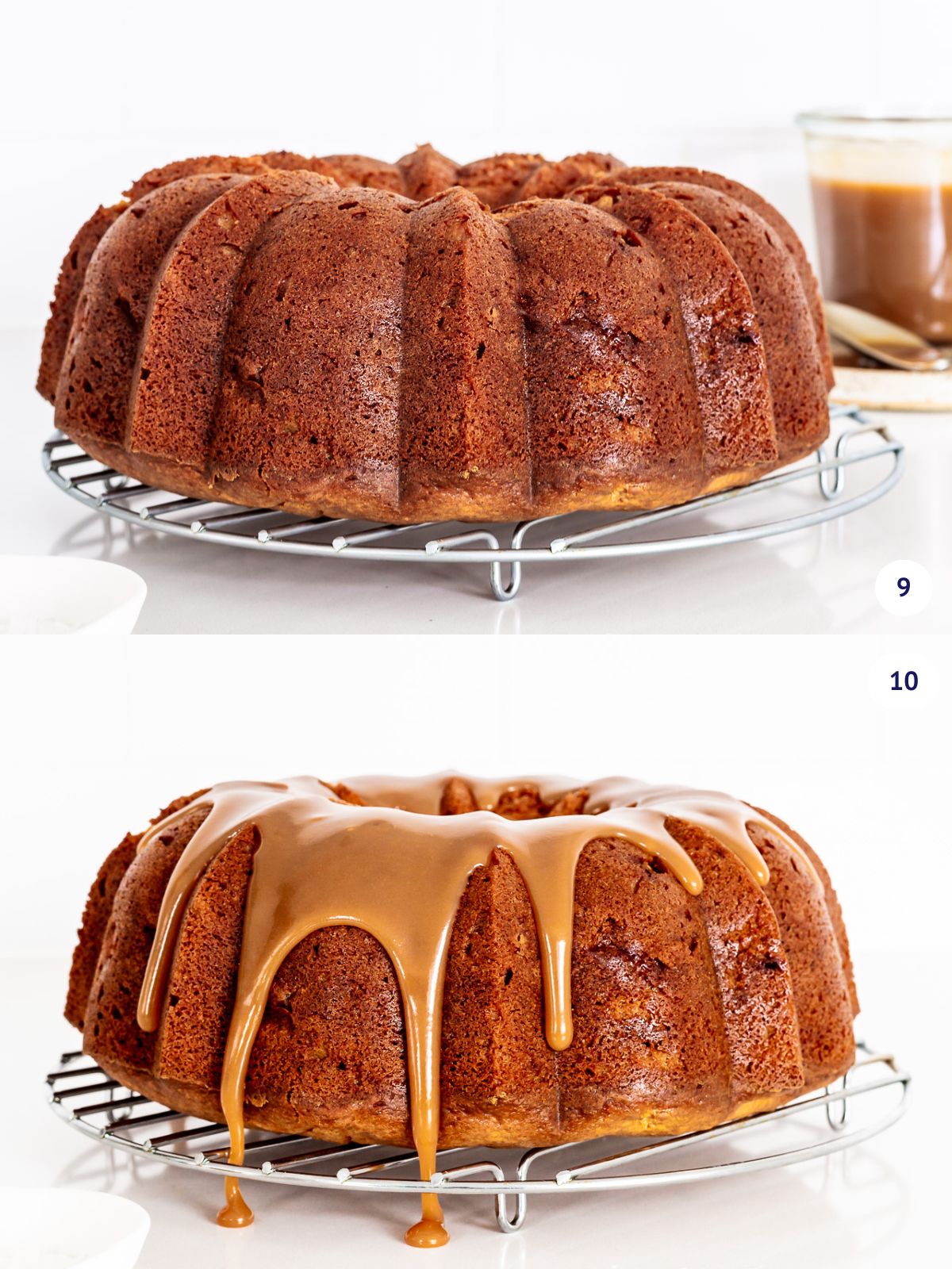 Topping a bundt cake with salted caramel sauce.