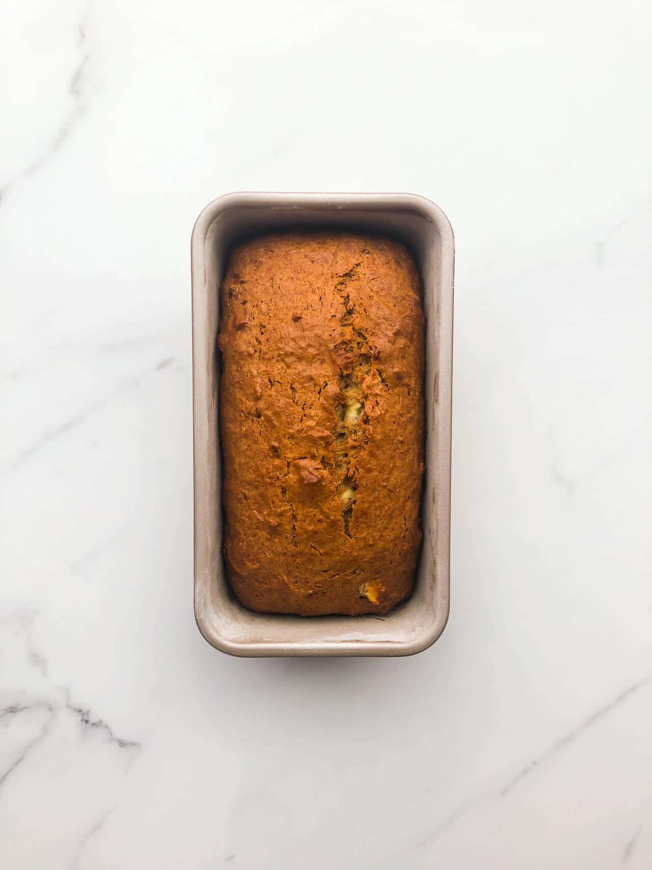 Eggless banana bread in a loaf pan