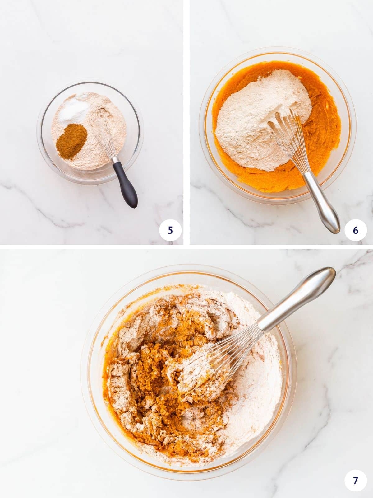 Whisking dry ingredients and then combining wet and dry ingredients to make pumpkin bread.