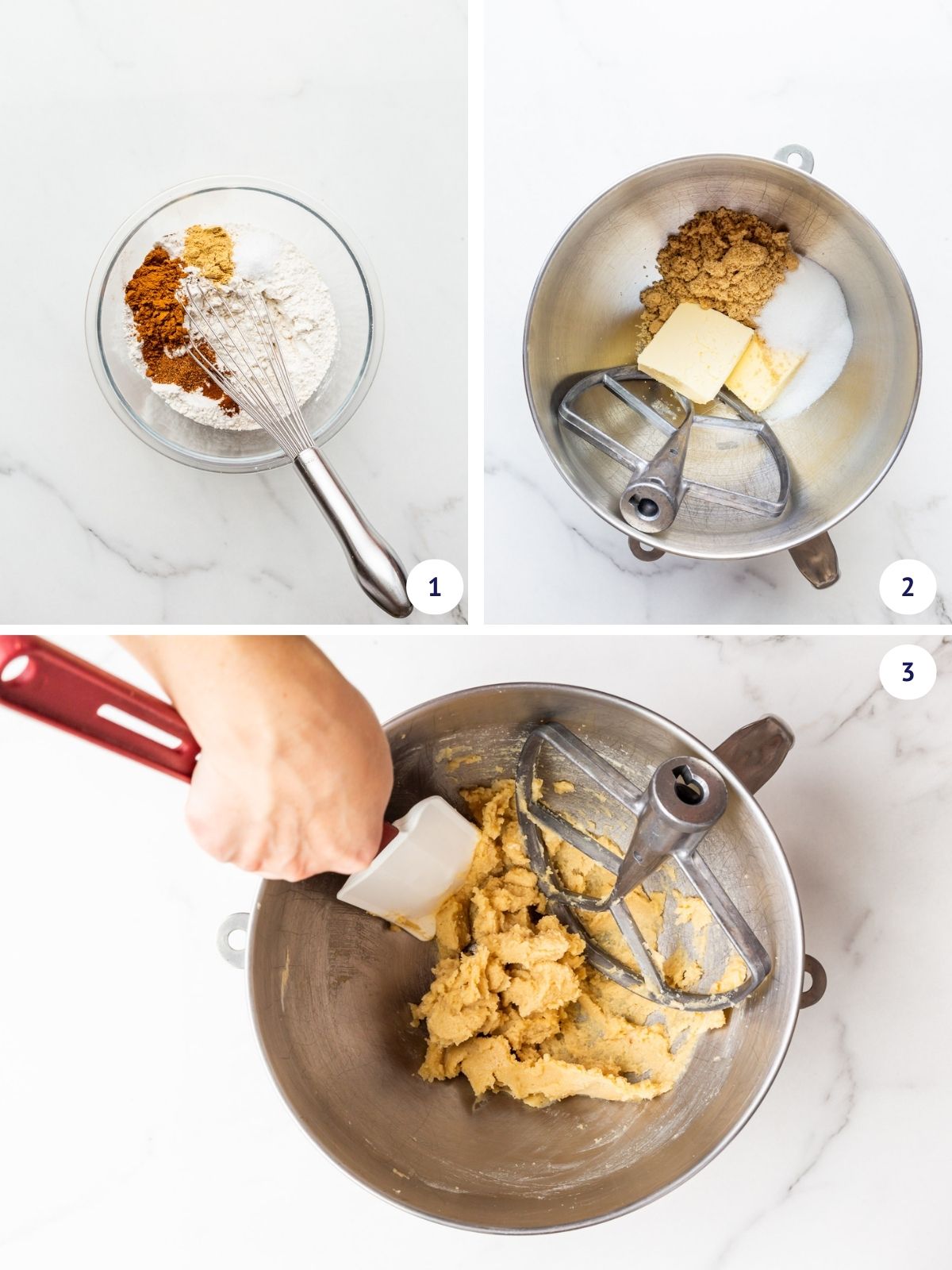 Whisking dry ingredients in one bowl while creaming butter and sugar together in another bowl to make ginigerbread cookie dough.