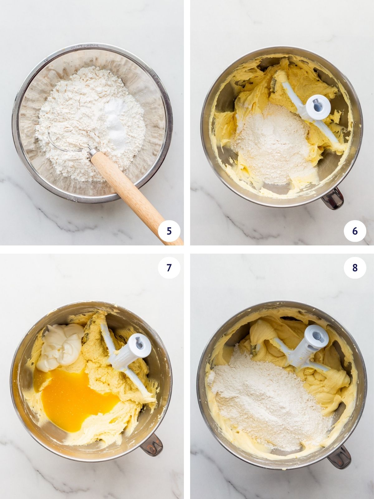 Whisking dry ingredients, then stirring them into cake batter, alternating with the wet ingredients (orange juice and sour cream).