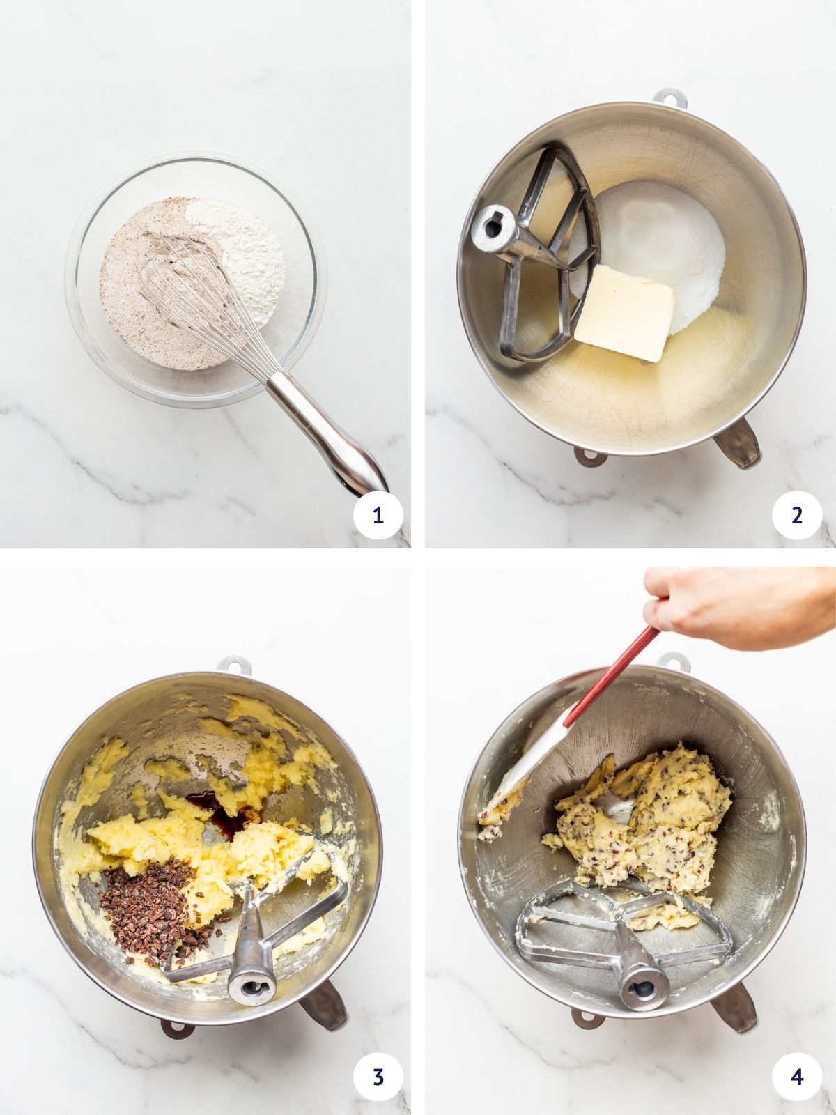 Whisking dry ingredients in a medium bowl while creaming butter and sugar in a stand mixer before adding cocoa nibs and vanilla extract.