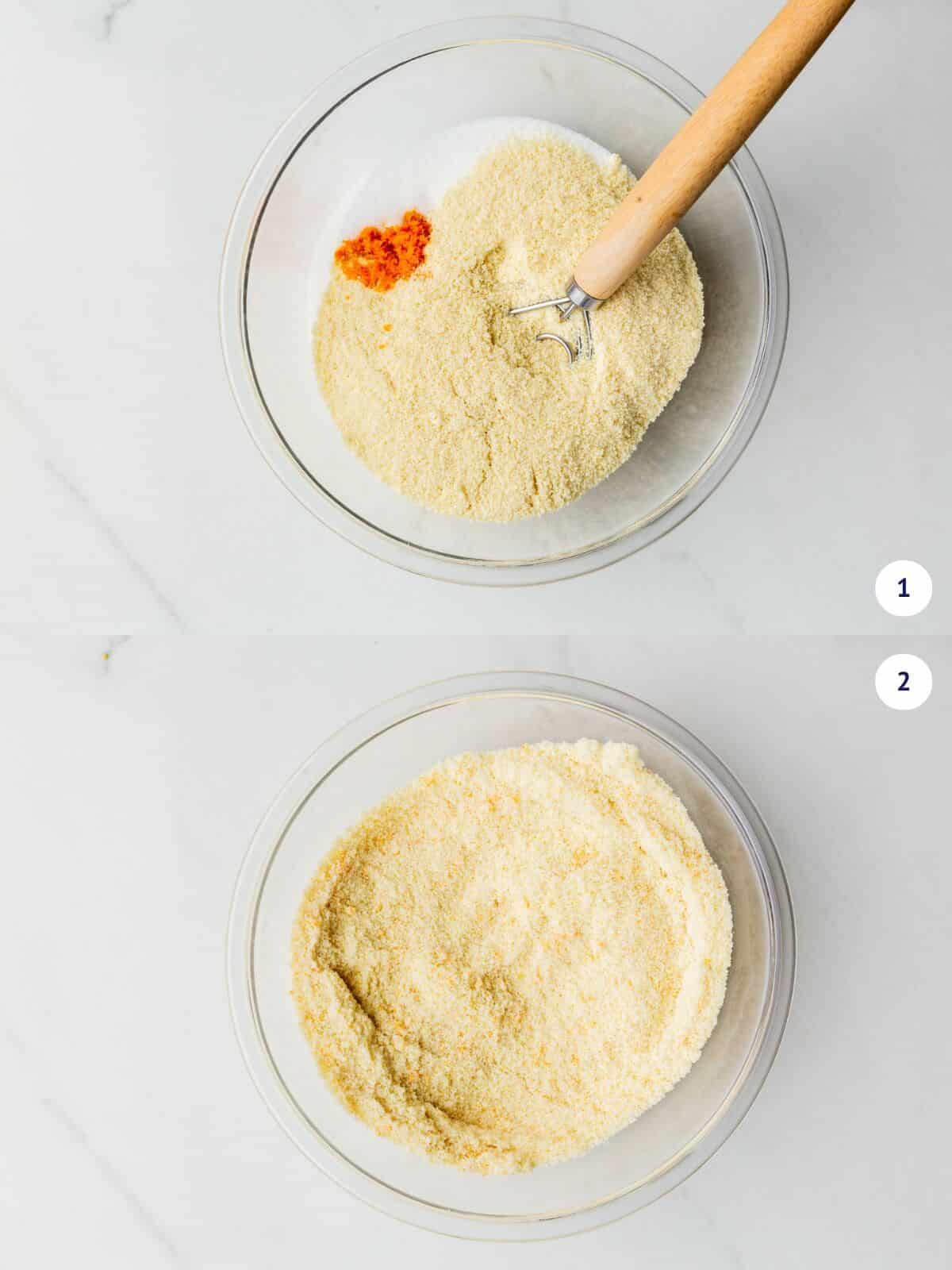 Whisking ground almond, orange zest, and sugar in a bowl.