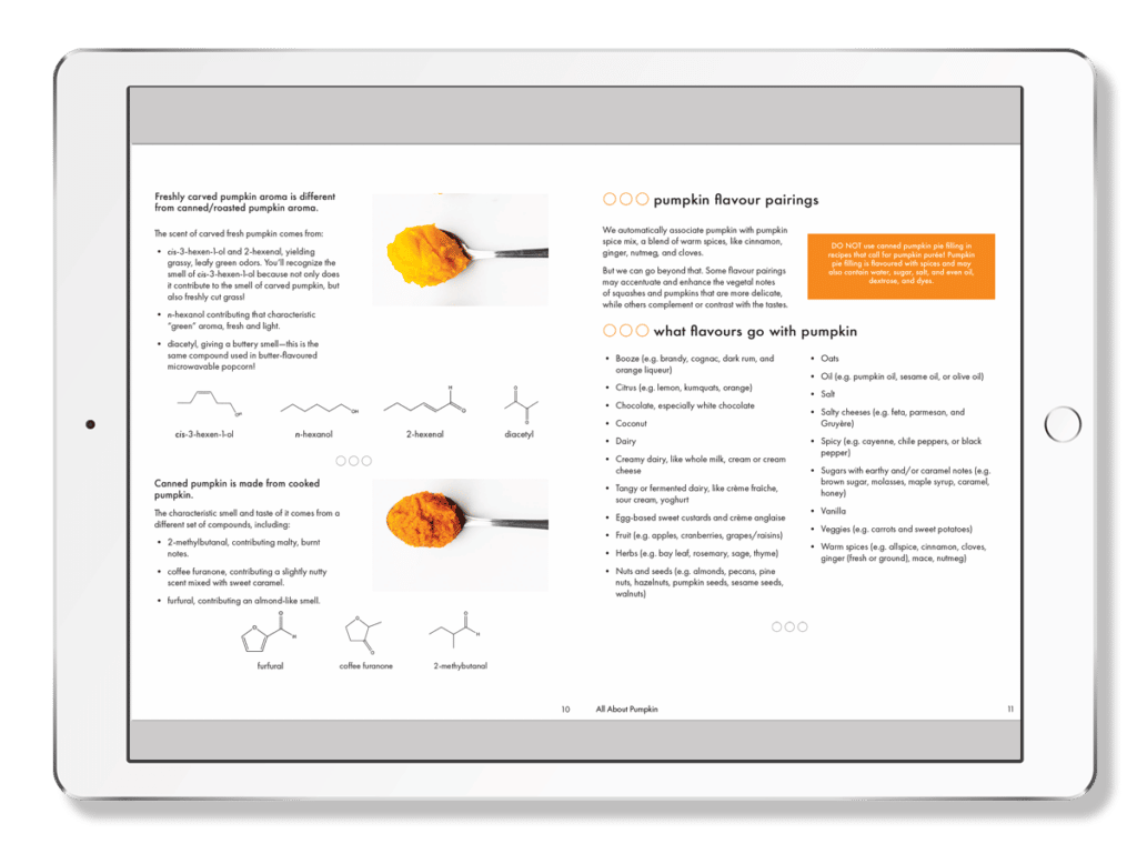 Rendering of pages 10 and 11 of All About Pumpkin on a tablet or iPad.
