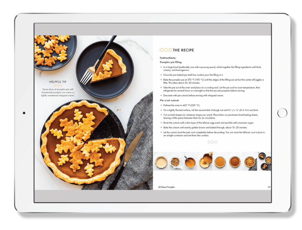 Rendering of pages 58 and 59 of All About Pumpkin on a tablet or iPad.
