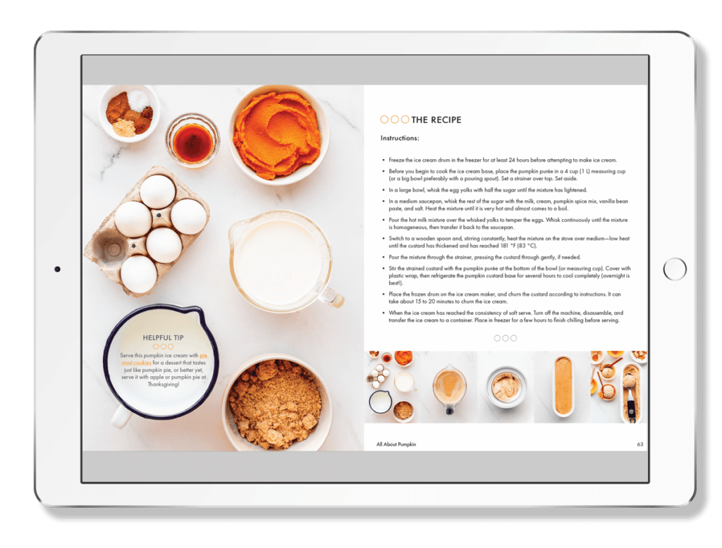 Rendering of pages 62 and 63 of All About Pumpkin on a tablet or iPad.